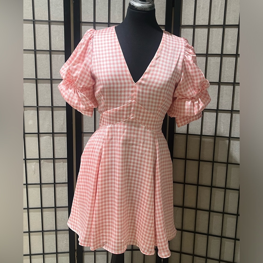 1 STATE Pink Gingham Puff Sleeve V-Neck MINI Dress WOMEN SIZE S